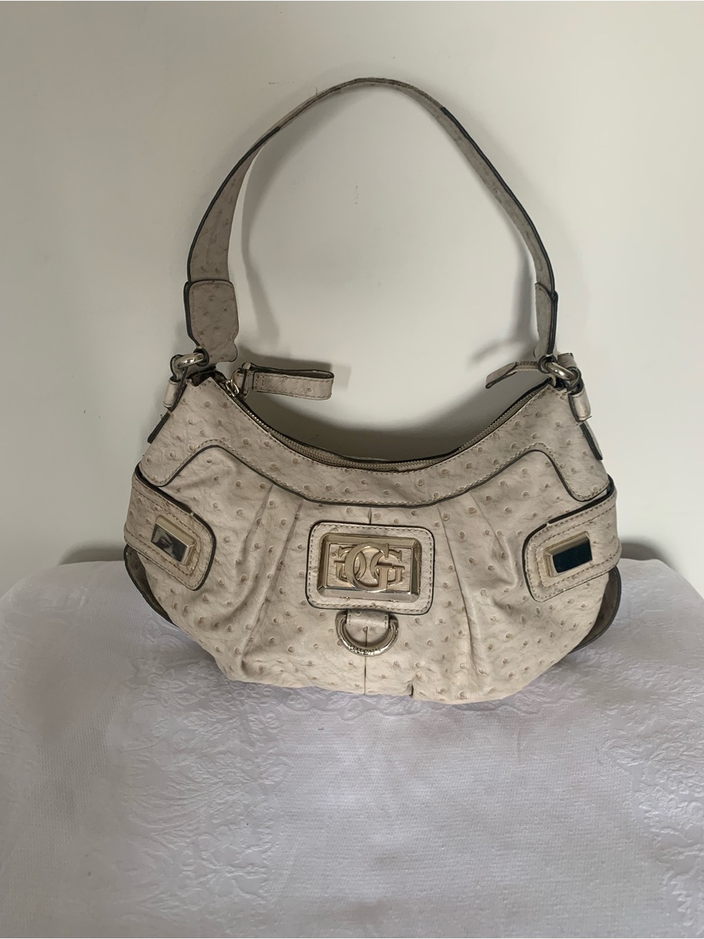 Guess Cream Ostrich-Texture Hobo with Gold Logo Hardware